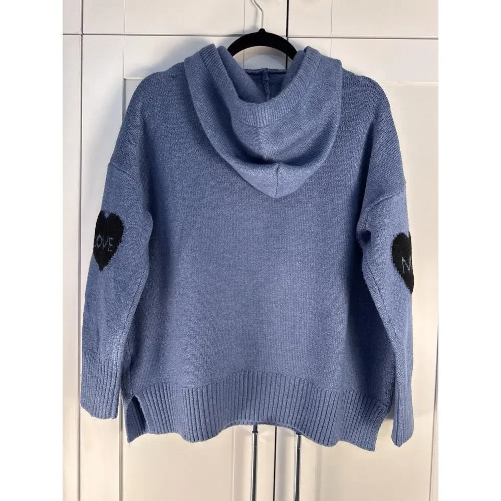 On You Knit Hoodie Sweater Blue Heart “Love Me” Patch Cozy Casual Pullover - Picture 3 of 6